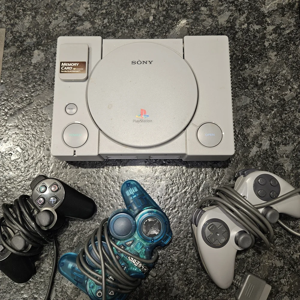 Sony PlayStation I Console1 Console with Controllers And Cables- Gray and Blue